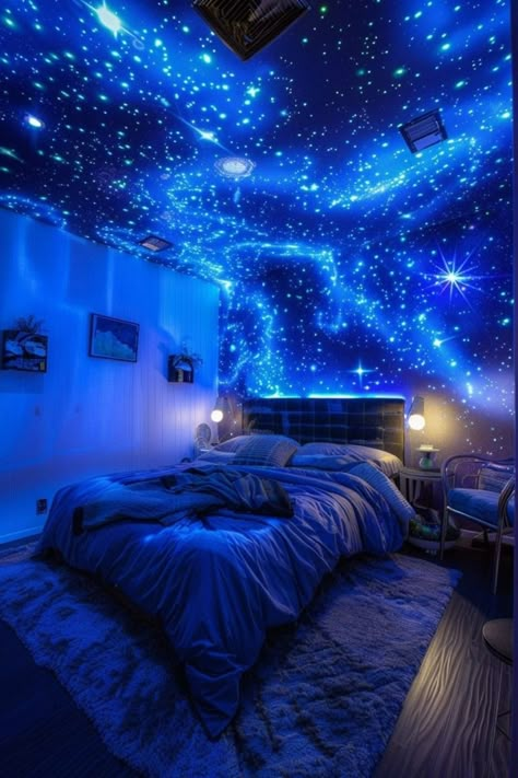 Decorated with galaxy prints and space-themed decor, this bedroom is perfect for those who dream of the stars. The cosmic elements inspire awe and curiosity. Click to see more cosmic dreamer ideas. Star Bedroom Ideas, Star Room Decor Bedroom Ideas, Galaxy Theme Room Decor, Bedroom Aesthetic Lights, Galaxy Bedroom Aesthetic, Universe Room Decor, Galaxy Theme Decoration, Space Theme Room Decor, Alien Bedroom Aesthetic