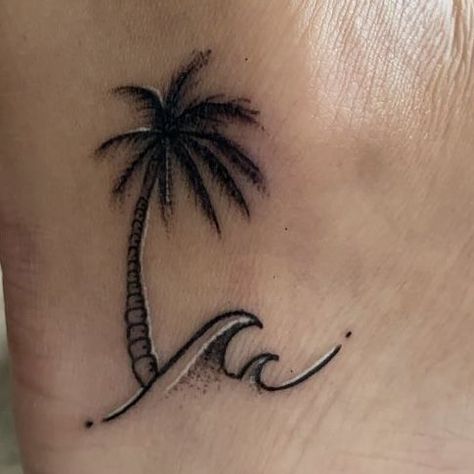 Palm Tree And Waves Tattoo, Beach Foot Tattoo, Florida Tattoo For Women, Florida Tattoo Ideas, Fijian Tattoo, Tropical Tattoos, Beach Tattoo Ideas, Florida Tattoo, Wave Tattoos