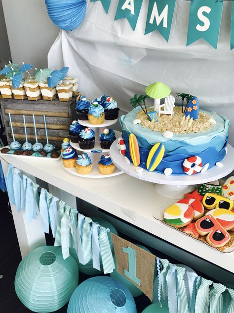 Beach Theme 1st birthday party dessert table! Surf Party Dessert Table, Ocean Dessert Table, The Big One Dessert Table, Beach Dessert Table, Beach Party Desserts, Totally Twobular, Birthday Beach Theme, Beach Theme Food, Birthday Party Dessert Table