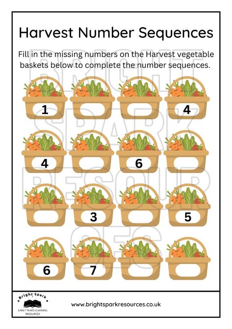 Harvest Early Years Numeracy Activities

Encourage and nurture number recognition and sequencing with this fun Harvest vegetable themed activity sheet. Aimed at EYFS learners, this number sequences activity sheet features 4 rows of number sequences from 1 - 9. 

Little learners have to fill in the missing numbers on the vegetable baskets to complete each sequence.

Explore More Harvest Themed Early Years Learning Resources

Looking for more Harvest themed early years learning resources? Why not try out some more of our Harvest themed worksheets, craft sheets and Harvest colouring sheets:

Sweetcorn Fingerprint Activity
Harvest I Spy Activity
Harvest Counting Worksheet
Harvest Shadow Matching Fingerprint Activity, Fill In The Missing Numbers, Counting Worksheet, Shadow Matching, Numeracy Activities, Harvest Theme, Room Crafts, Natural Nursery, Counting Worksheets