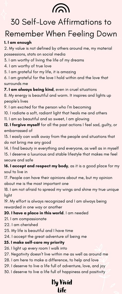 Struggle at self-love? Try using affirmations! Check out my favorite 30 self-love affirmations to remember when you're feeling down #selfcare #selflove #affirmations Daily Affirmations For Self Worth, Daily Affirmations About Self Love, Self Awareness Affirmations, Manifesting Journaling, Self Worth Affirmations Mantra, Self Love And Worth Affirmations, Spiritual Journals, Healing Affirmations, Positive Self Talk