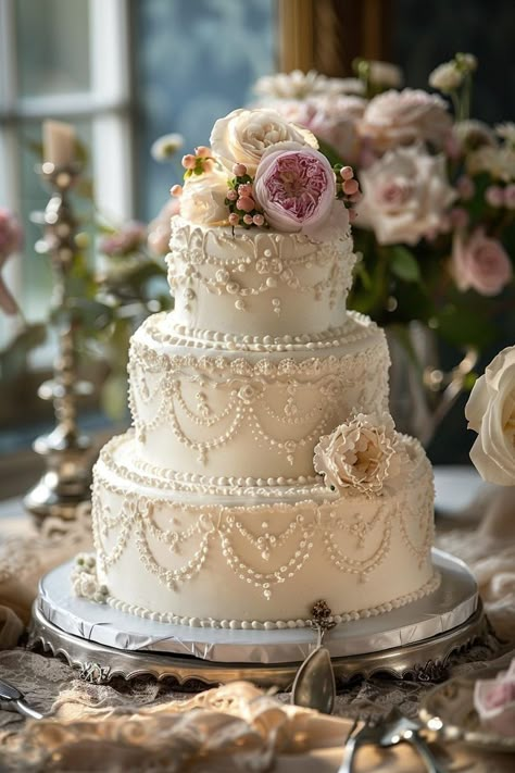 Vintage 3 Tier Cake, Wedding Victorian Theme, Vintage Victorian Wedding Decorations, Victorian Style Wedding Decorations, Wedding Cake Designs Vintage, Victorian Style Wedding Cake, Regency Wedding Cake, Ornate Wedding Cake, Vintage Floral Wedding Cake