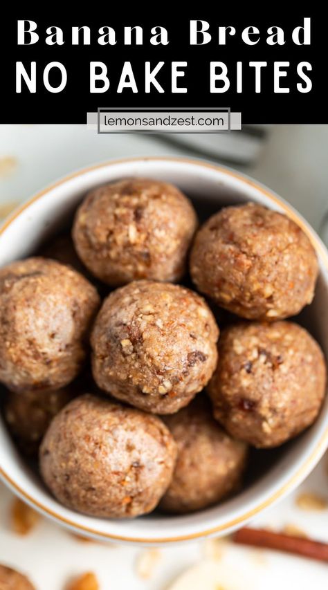 Get all of the flavor of freshly baked banana bread from these No Bake Banana Bread Bites but in only a fraction of the amount of time it takes to bake! Made with wholesome oats, nuts and dates for a great snack that will give you all the fuel with all the flavor! No Bake Banana Bread, Banana Bread Bites, Bake Banana Bread, Lemon Zest Recipes, Banana Bread Granola, Banana Bread Baked Oatmeal, Bread Bites, Bake Banana, Banana Baked Oatmeal