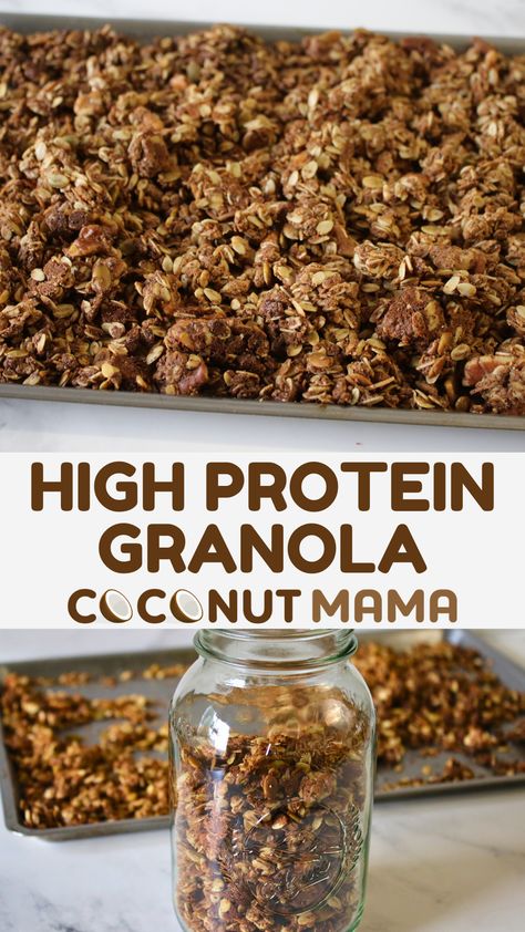 This high-protein granola recipe is tasty and nutrient dense! Serve over your favorite yogurt or on top of smoothies! Granola Mix Recipe, Low Sugar Granola Recipe, High Protein Granola Recipe, Granola Clusters Recipe, Protein Granola Recipe, Granola Calories, High Protein Granola, Low Sugar Granola, Low Carb Granola