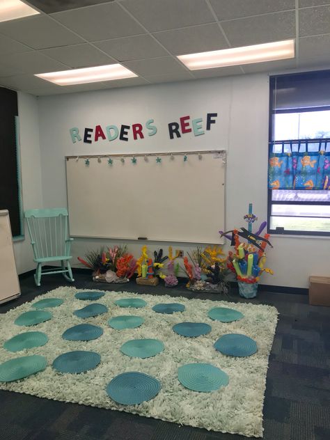 Readers Reef Reading Reef Classroom Ocean Themes, Beach Theme Classroom Decorations, Fish Classroom Theme, Reading Reef, Ocean Themed Classroom Ideas, Ocean Classroom Theme, 3k Classroom, Under The Sea Classroom Theme, Asl Classroom