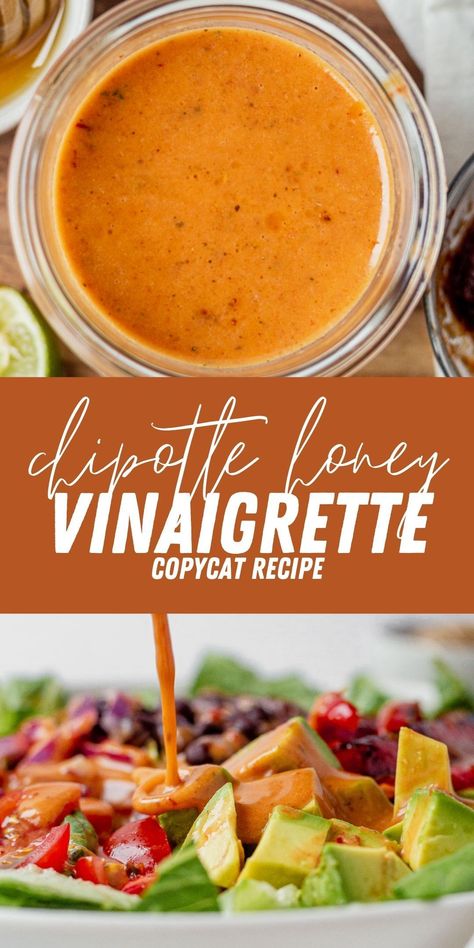 Make a batch of this chipotle honey vinaigrette and look forward to your salads all week! It's sweet from the honey, smoky from the chipotles in adobo, and tastes just like the dressing at Chipotle. Chipotle Dressing Recipe, Chipotle Honey Vinaigrette, Chipotle Salad Dressing, Chipotle Vinaigrette, Chipotle Copycat Recipes, Chipotle Copycat, Honey Vinaigrette, Chipotle Recipes, Chipotle Dressing