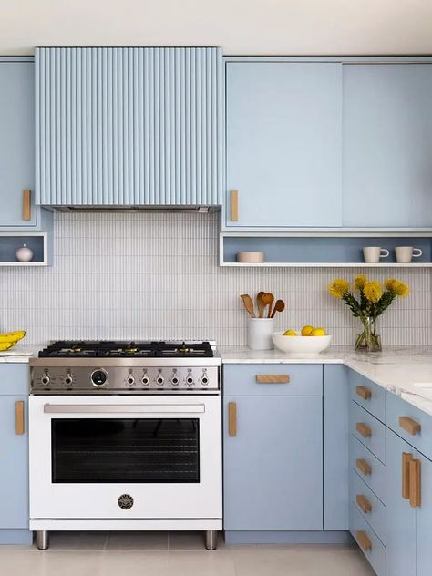 From Cabinetry to Upholstery, the Baby Blue Color Trend is Here to Stay | domino Rustic Coastal Kitchen, Light Blue Kitchen, Cream Furniture, Light Blue Kitchens, Sight Unseen, Green Flooring, Coastal Kitchen, Blue Kitchen, Baby Blue Colour