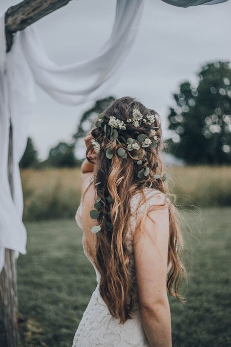 Forest Fairy Wedding Hair, Boho Hairstyles With Flowers, Half Up Half Down Wedding Hair With Greenery, Wedding Hair Eucalyptus, Wedding Hair With Eucalyptus, Wedding Hair Leaves, Half Up Half Down Wedding Hair Eucalyptus, Wedding Hair Greenery, Wedding Hair With Veil And Flowers