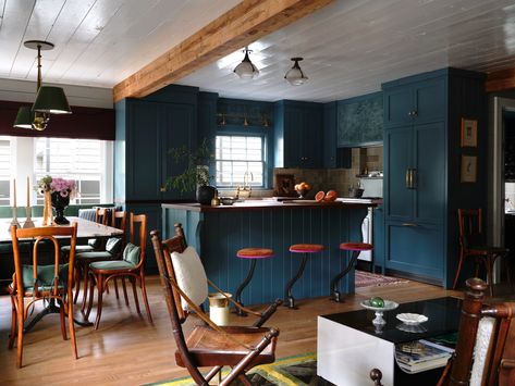 Over Sink Storage, Round Top Antiques, Loft Interior, Kitchen And Dining Room, Blue Cabinets, Deco Boheme, Bachelor Pad, Kitchen Cabinetry, Ship Lap Walls