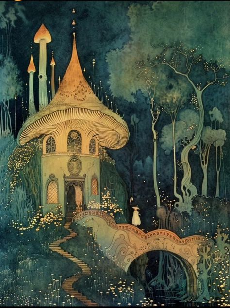 Modern Fairytale Illustration, Whimsical Book Illustration, Magical House Drawing, Whimsical Fantasy Aesthetic, Whimsical Fantasy Art, Old Fairytale Illustration, Fairy House Illustration, Fantasycore Aesthetic, Fairytale Art Illustration