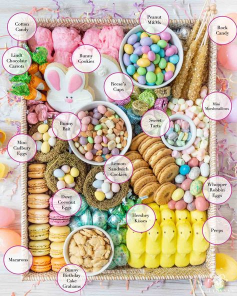 Easter Board -- Pull Together a Tray of Sweets & Candy | Kelley Nan Dessert Charcuterie Board Ideas, Dessert Charcuterie Board, Bunny Birthday Cake, Dessert Charcuterie, Charcuterie Board Ideas, Easter Board, Easter Snacks, Decorações Com Comidas, Sweets Candy