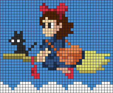 Kiki's Delivery Service Pixel Art, Pixel Art Ghibli, Ghibli Pixel Art, Ghibli Cross Stitch, Studio Ghibli Pixel Art, Lucky Cat Pixel Art, Studio Ghibli Alpha Pattern, Crochet Alpha Pattern Studio Ghibli, Jiji Alpha Pattern