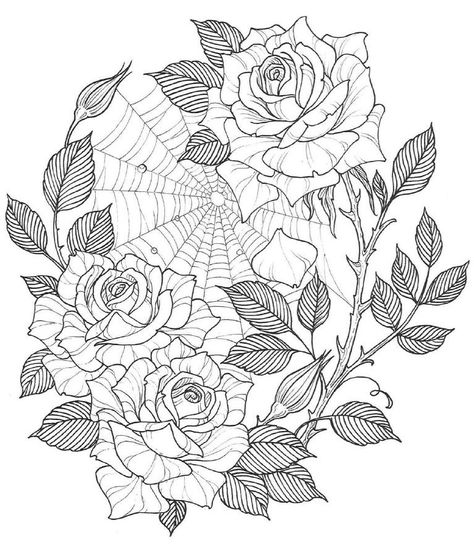 Rose Coloring, Spider Web Tattoo, Rose Coloring Pages, Web Tattoo, Tattoo Outline Drawing, Realistic Rose, Free Adult Coloring Pages, Tattoo Outline, Outline Drawings