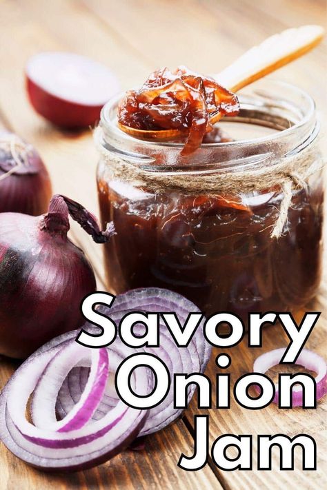 This Savory Red Onion Jam recipe is the perfect condiment for sandwiches, pizzas and as an addition to your meat and cheese platter. This Balsamic Onion Jam also features red wine and subtle, earthy thyme. Canning this onion jam makes great food gifts; the addition of vinegar and wine raises the acidity and makes this a perfect recipe for preserving onions. Red Onion Jam For Burgers, How To Preserve Red Onions, Red Wine Onion Jam, Canning Onion Jam, Canning Red Onions, Onion Jam For Burgers, 1700 Recipes, Preserving Onions, Balsamic Onion Jam