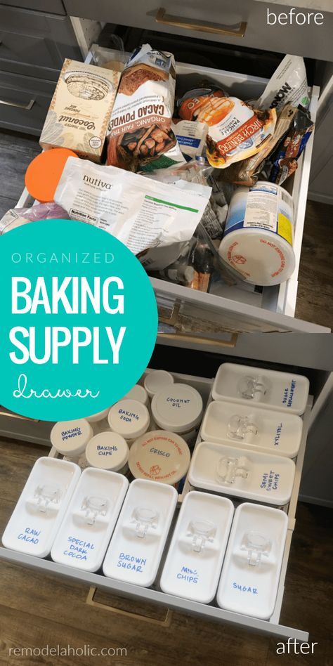 How To Organize Baking Supplies In A Deep Drawer As A Pantry Alternative For A Small Kitchen #remodelaholic Organizing Baking Supplies, Pantry Alternatives, Baking Supplies Storage, Baking Supplies Organization, Drawer Pantry, Baking Soda Teeth, Easter Carrot Cake, Baking Storage, Baking Soda Teeth Whitening