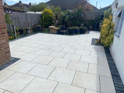 Porcelain Patio Edging Ideas, Slabbed Patio Ideas, Porcelain Patio, Patio Border Ideas, Paving Slabs And Gravel, Grey Slabs In Garden, Grey Paving Slabs Ideas Patio, Porcelain Garden Paving, Back Garden Landscaping