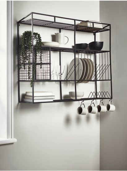 Wall Shelves & Hooks, Small Metal & Wooden Kitchen Shelves with Hooks UK Kitchen Wall Storage, Kitchen Wall Shelves, Industrial Shelving, Industrial Kitchen, Wall Racks, Trendy Kitchen, Wall Storage, House And Home Magazine, Iron Wall