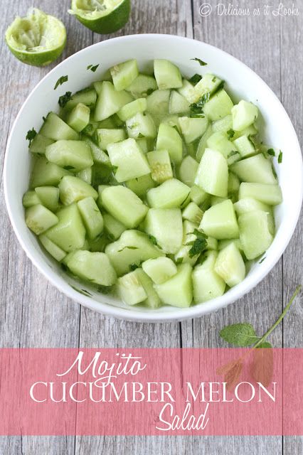 Mojito Cucumber Melon Salad  /  Delicious as it Looks Honeydew Melon Salad, Honeydew Melon Recipes, Melon Recipes, Melon Salad, Classic Potato Salad, Ibs Recipes, Honeydew Melon, Cucumber Melon, Vegan Sides