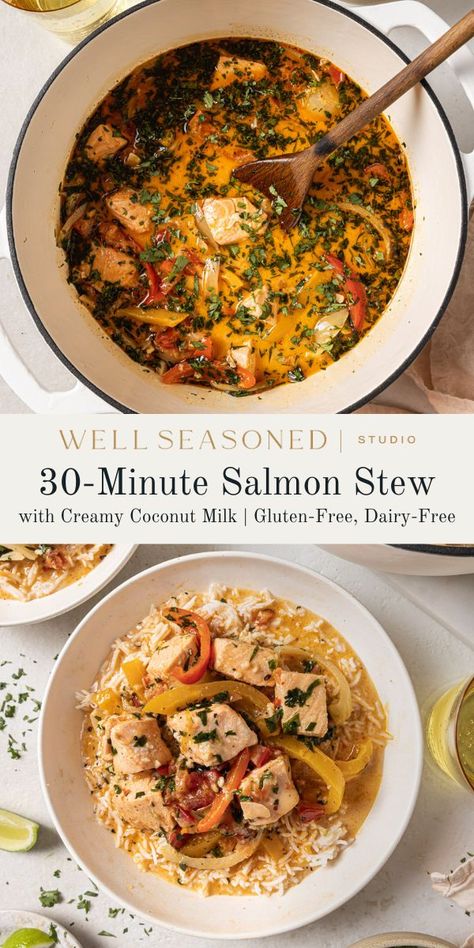 Salmon Stew Recipe, Coconut Salmon, Salmon Soup, Shrimp Stew, Coconut Milk Soup, Salmon And Shrimp, Salmon And Rice, Seafood Soup, Soup Dinner