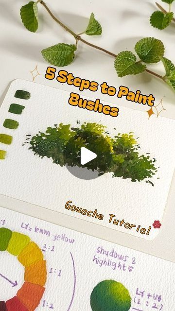 Bushes Painting Acrylic, How To Paint A Bush Acrylic, Bush Painting Tutorial, How To Paint A Bush, Watercolor Bushes Trees, How To Paint Bushes And Trees, Watercolour Landscape Tutorial, Bush Acrylic Painting, Watercolor Landscape Paintings Tutorials