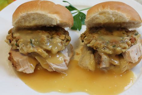 Turkey And Dressing Sandwiches, Turkey With Gravy, Turkey And Dressing, Hot Turkey Sandwiches, Leftover Gravy, Turkey And Stuffing, On A Bun, Slider Sandwiches, Green Beans With Bacon