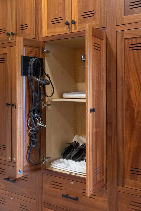 Custom tack room cabinets Tack Room Cabinets, Equestrian Tack Room, Tack Room Aesthetic, Horse Tack English, Tack Shed, Dream Tack Room, Stable House, Horse Tack Western, Tack Locker