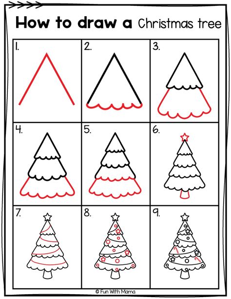 Learn how to draw a Christmas tree with these easy step by step directions. Perfect for kids and adults to join in on the fun! Draw Christmas Tree Easy, Easy Draw Christmas Pictures, How To Draw A Simple Christmas Tree, Drawing A Christmas Tree Easy, Christmas Tree Drawings Easy, Christmas Tree Drawing Tutorial, How To Draw Christmas Tree Step By Step, How To Draw Santa For Kids, Christmas Easy Painting Ideas