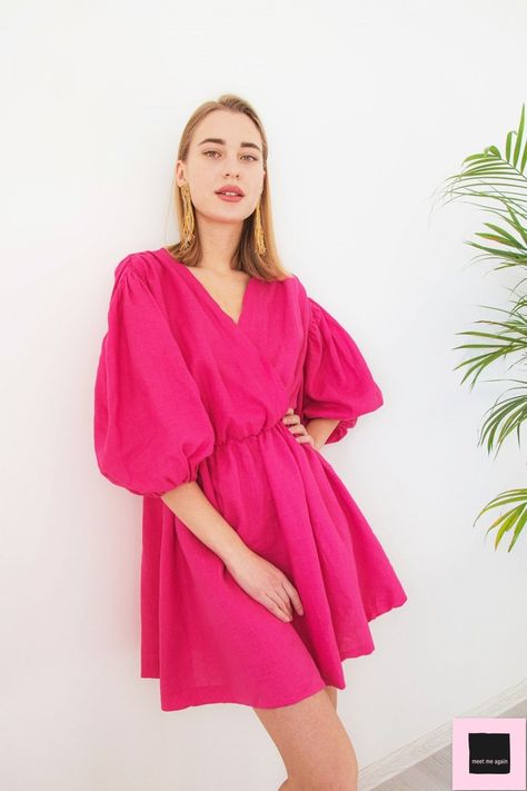 Short Linen Dress, Pink Linen Dress, Bright Winter, Flared Dress, Pink Linen, Puffed Sleeves, Flared Skirt, Linen Dresses, Babydoll Dress