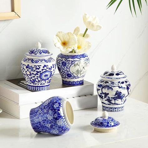 Amazon.com: Hushee Set of 4 Small Blue and White Vase Porcelain Vases Blue Chinoiserie Decor Porcelain Ginger Jars for Home Decor Chinoiserie Vase for Bedroom Table Accent Shelf Tabletop Decor (Retro) : Home & Kitchen Blue Chinoiserie Decor, Chinoiserie Patterns, Chinoiserie Ornaments, Accent Shelf, Chinoiserie Decor, Table Centerpieces For Home, Chinoiserie Art, Chinoiserie Vase, Chinoiserie Decorating