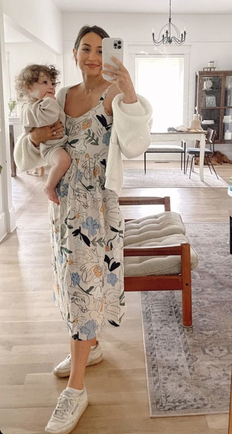 Cute Mom Dress Outfits, Fairytale Style Outfit, Mum Dress Style, Feminine Mom Style, Spring Feminine Maternity Dress, Kristin Johns Outfits, Feminine Maternity Summer Dresses, Summer Casual Maternity Midi Dress, Summer Maternity Outfits First Trimester