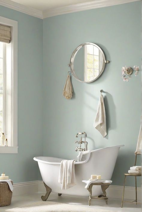 bathroom wall paint,wall paint color,home decorating ideas,interior design services Sw Lullaby Paint, Sw Lullaby, Benjamin Moore Nimbus, Benjamin Moore Navajo White, Painting Bathroom Walls, Pine Kitchen Cabinets, Bathroom Wall Colors, Timeless Paint Colors, Pale Blue Walls