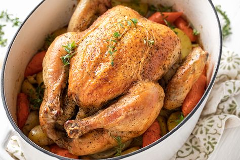 Chicken pot roast is a cozy and rustic one-pot chicken dinner, filled with lots of aromatic vegetables and savory juices! Chicken Pot Roast Recipe, Chicken Pot Roast, Braised Chicken Thighs, Beef Brisket Recipes, Chicken With Olives, Roasted Chicken Breast, Dutch Oven Recipes, One Pot Chicken, Roast Chicken Recipes