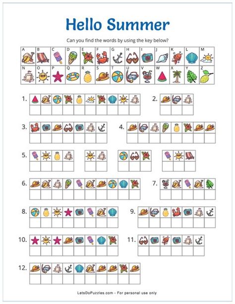 Hello Summer Cryptogram | Printable Puzzles for Kids Summer Puzzles Free Printable, Cryptograms For Kids Free Printable, Cryptograms Free Printable, Summer Puzzle, New Year Printables, Benjamin Franklin Quotes, Encrypted Messages, Kindergarten Phonics Worksheets, Time For Kids