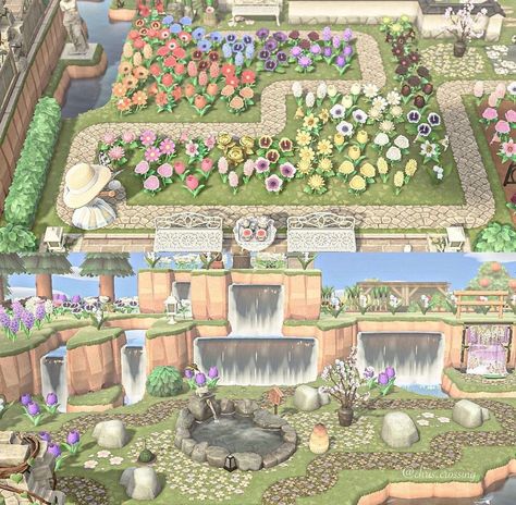 Garden Paths Acnh, Acnh Botanical Garden Ideas, Animal Crossing Botanical Garden, Acnh Botanical Gardens, Acnh Flower Garden Layout Ideas, Anch Aesthetic, Acnh Garden Layout Ideas, Flower Garden Animal Crossing, Acnh Garden Layout