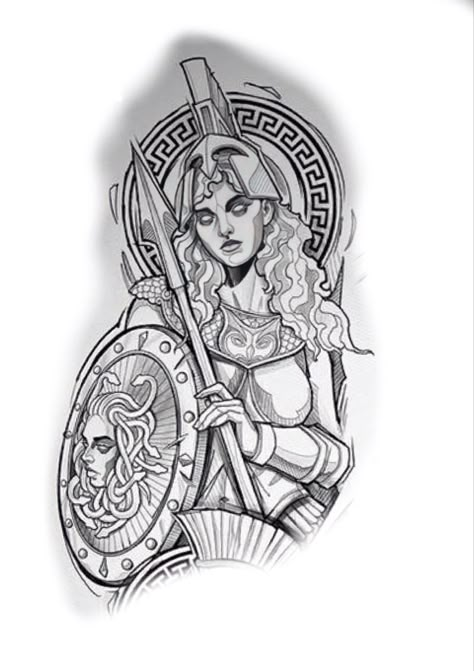 Athena Tattoo, Norse Mythology Tattoo, Full Tattoo, Greek Mythology Tattoos, Flower Tattoo Shoulder, Mythology Tattoos, Greek Tattoos, Warrior Tattoo, Full Sleeve Tattoo