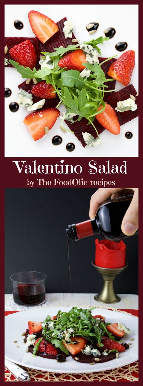 Valentino Salad is a perfect starter for a romantic dinner, it's a light earthy salad with roasted beets, strawberries, roquefort, sunflower seeds and arugula topped with an aged balsamic vinegar. #valentinesday #salad #beet #roquefort Salad Beet, Roquefort Cheese, Valentines Day Dinner, Dressing Recipes, Roasted Beets, Delish Recipes, Easy Salad Recipes, Romantic Dinner, Salad Dressing Recipes