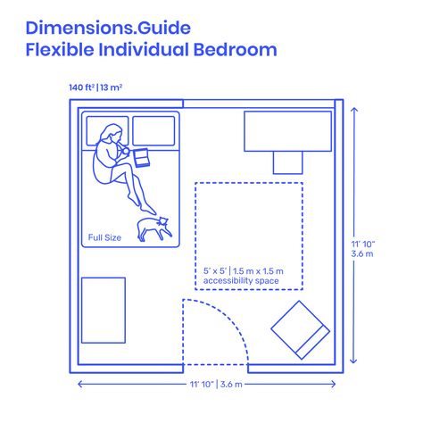 Flexible Individual Bedrooms are suggestions for planning a single bedroom that is adjustable to many layout scenarios. Flexible bedroom floor plans should consider bed sizes in the smaller range: Twin, Twin XL, Full, Queen. Flexible bedrooms should have minimum areas of around 140 ft2 | 13 m2. Downloads online #bedroom #beds #architecture #interiordesign #homedesign 13 M2 Bedroom, Single Bedroom Plan, Single Bedroom Layout, Bedroom Sizes Layout, Bedroom Layout Ideas, Bedroom Layout Design, Bedroom Designs For Couples, Bedroom Beds, Bedroom Layout