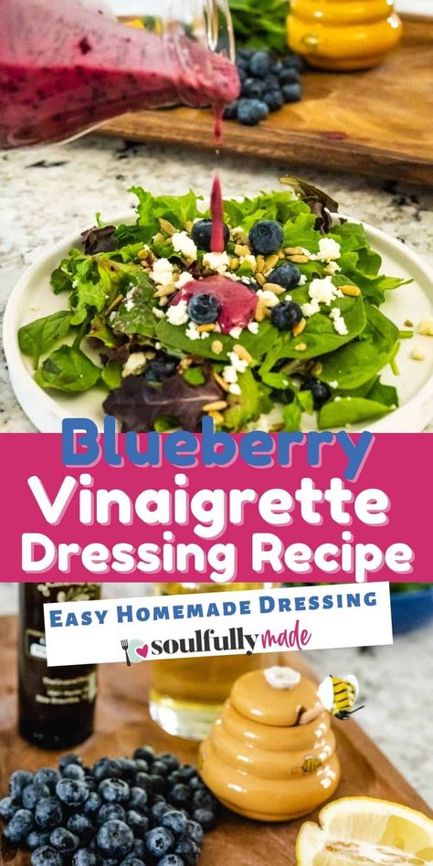 This homemade Blueberry Vinaigrette Dressing Recipe lends fantastic sweet and tart flavor to any green leafy salad. But it can also be used as a veggie dip or a marinade for meat. Blueberry Vinaigrette, Vinaigrette Dressing Recipe, Classic Southern Recipes, Salad Dressing Recipes Healthy, Leafy Salad, Fresh Summer Salad, Vinaigrette Salad, Salad Dressing Recipes Homemade, Easy Blueberry