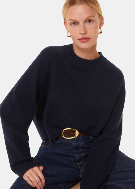 Navy Wool Crop Relaxed Knit | WHISTLES | Whistles UK | Timeless Knitwear, Petite Dresses Casual, Tailoring Jeans, Leather Jumpsuit, Workwear Essentials, Petite Jumpsuit, Cropped Knit Sweater, Cashmere Dress, Navy Blue Sweater