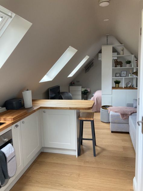 Attic Studio Apartment Ideas, Attic Small Kitchen, Attic Apartment Ideas Slanted Ceiling Kitchen, Attic Kitchen Ideas, Attic Studio Apartment, Attic Kitchen, Mansard Roof, Attic Apartment, Attic Remodel