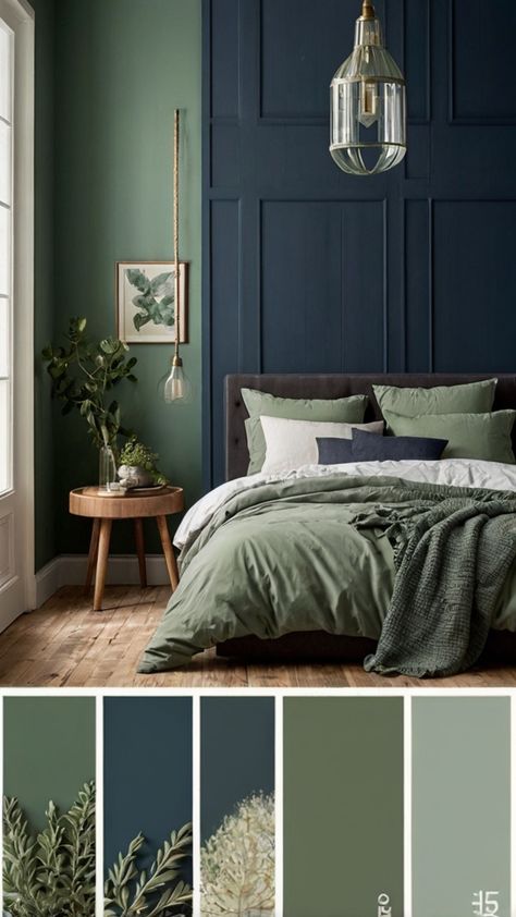 Blue And Sage Green Bedroom, Colors With Navy Blue, Bedroom Paint Colors Relaxing, Sage Green Bedroom Decor, Sage Green Interior, Navy Blue And Sage Green, Green Bedroom Decor Ideas, Green Bedroom Colors, Sage Green Furniture