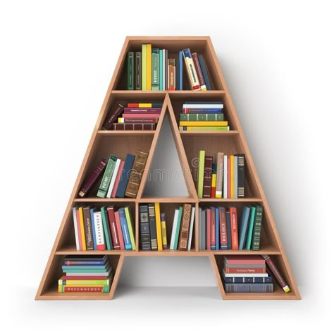 Letter A. Alphabet in the form of shelves with books isolated on royalty free illustration Shelves With Books, Creative Bookshelves, The Letter M, Wall Shelves Design, Home Library Design, Bookshelf Design, Bookshelves Diy, Leather Sofas, Book Shelves