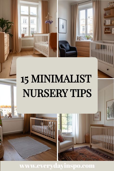 15 minimalist nursery tips with images of simple, well-organized nursery rooms. Earthy Nursery Decor, Simple Cozy Nursery, Nordic Nursery Inspiration, What Do You Need In A Nursery, Minimal Nursery Ideas Small Room, Nursery Layout Furniture Placement, Simple Nursery Ideas Neutral, Small Nursery Room, Small Space Nursery Ideas