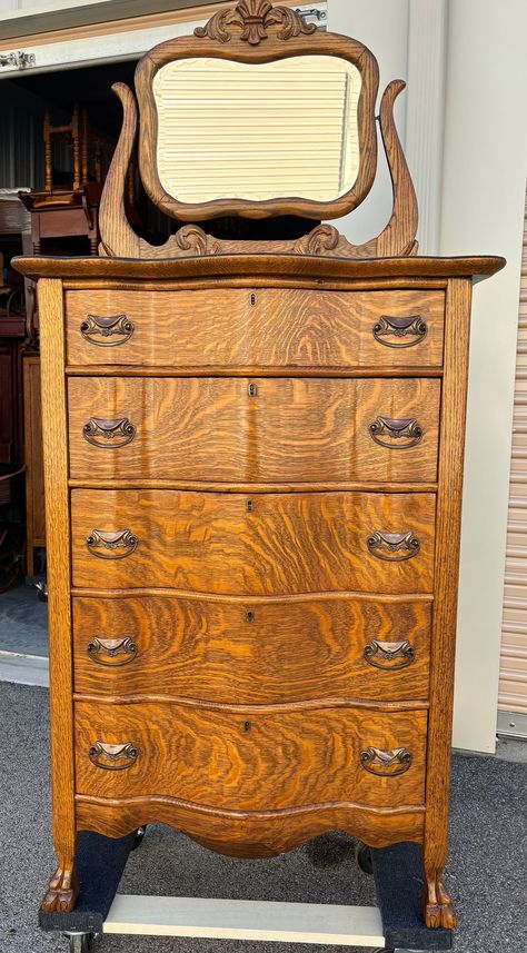 Antique American tiger honey oak highboy chest bold ornate beveled mirror 5 serpentine dovetailed two handed drawers original hardware paw feet mid century turquoise paint drip on back. mirror back needs tlc comes with a working key 20.5d32w46h71h shipping is not free, please read my store section policy before placing an order F09 Antique Makeup Vanities, Chest Of Drawers With Mirror, Wood Working Ideas, Turquoise Paint, Honey Oak Cabinets, Antique Oak Furniture, Antique Furniture Restoration, Tiger Wood, Tiger Painting