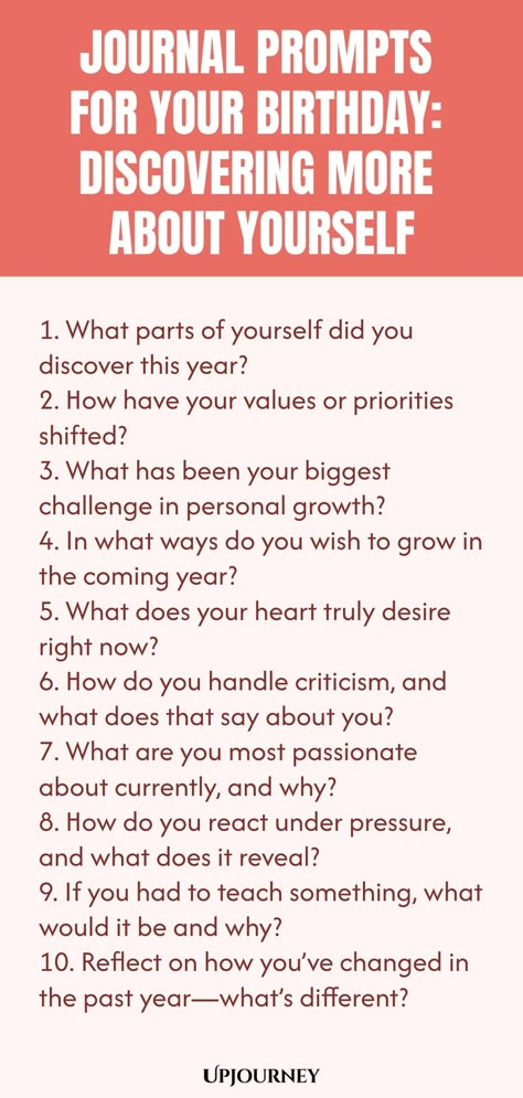 Explore a range of thought-provoking journal prompts to unearth new layers of yourself on your special day. Delve into self-discovery, reflections, and inspirations as you celebrate another year of growth and wisdom. These prompts will guide you on a journey of self-exploration and understanding. Happy birthday to you! 365 Affirmations Jar, Birthday Retreat Ideas, Birthday Self Reflection, Rediscovering Yourself Questions, Birthday Journaling Prompts, Journal Prompts Birthday, 30th Birthday Journal Prompts, Yearly Journal Prompts, Journal Prompts For Birthday