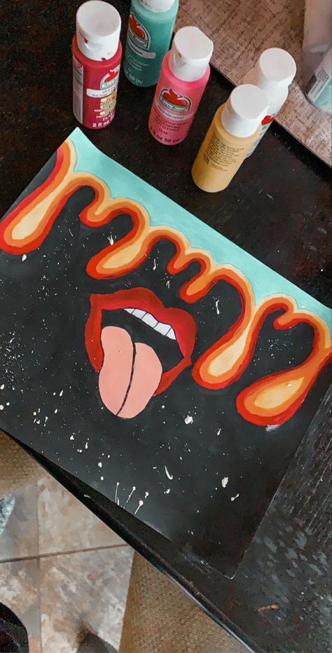 Created by me! Kinda The Rolling Stones mouth with a colorful slime dripping! Trippy Things To Paint On Your Wall, East Trippy Painting Ideas, Hippie Painting Ideas, Trippy Lava Lamp Painting, Slime Dripping, Paintings On Walls Bedrooms Trippy, Trippy Tongue Painting, Colorful Slime, Lips Painting