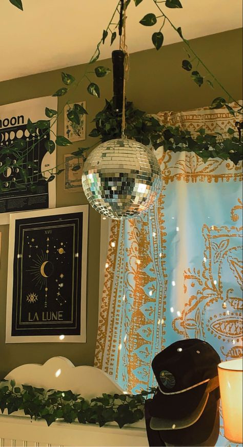 How To Style A Disco Ball, Disco Ball For Bedroom, Disco Ball In Room Aesthetic, Mirror Ball In Bedroom, Disco Ball In House, Room Decor Disco Ball, Disco Ball Nursery, Disco Ball Bedroom Aesthetic, Disco Ball Light Fixture