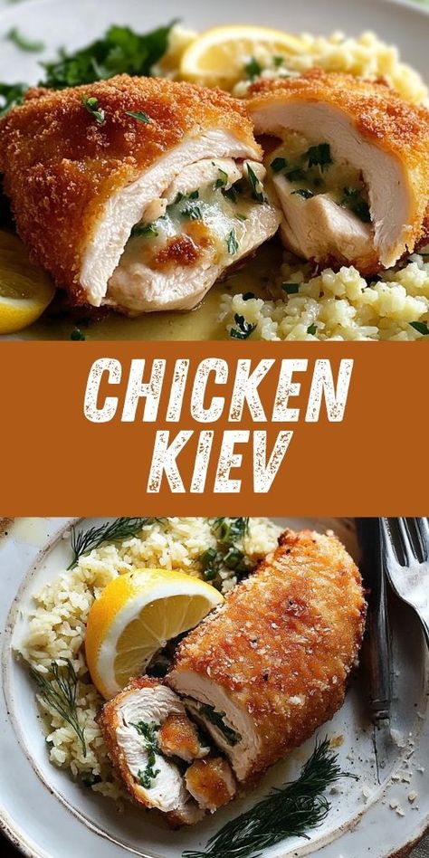 Treat yourself to the elegant and delicious Chicken Kiev! 🍗🧈 This classic dish features tender chicken breasts stuffed with garlic herb butter and lightly breaded, creating a crispy, juicy meal. Perfect for special occasions or a luxurious dinner at home! 👉 Pin this recipe and enjoy the indulgence of Chicken Kiev! #ChickenKiev #StuffedChicken #ElegantDinners #SpecialOccasions #CrispyChicken #DinnerRecipes #ComfortFood #EasyDinners French Baked Chicken, Chicken Keiv Recipe Easy, Gourmet Chicken Breast Recipes, Easy Bake Dinner Recipes, Elevated Chicken Recipes, Special Chicken Recipes, Chicken Kiev Recipe Baked, Chicken Sunday Dinner Ideas, Hi Ken Breast Recipes