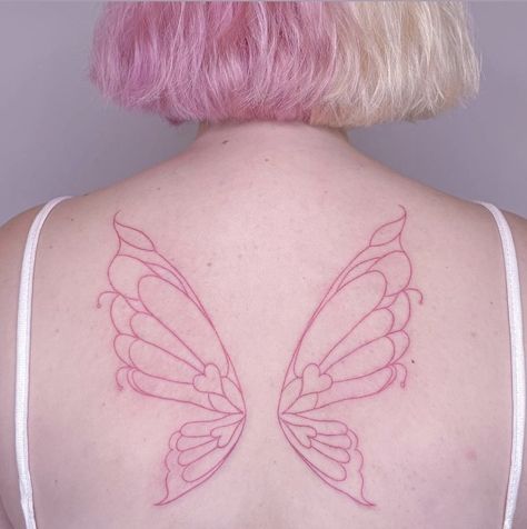 Pink Tattoo Healed, Tinker Bell Wings Tattoo, Fairy Wings Tattoo Designs, Butterfly Wing Back Tattoo, Fairy Wing Tattoos On Back, Fairy Wings Back Tattoo, Wing Back Tattoo, Butterfly Wings Tattoo, Fairy Wings Tattoo