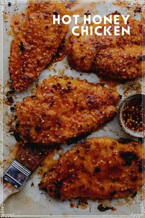 Your new favorite chicken recipe. This hot honey chicken is perfectly crispy and coated in a honey glaze that packs a punch! Hot Honey Chicken Cutlets, Chicken Hot Honey, Hot Honey Fried Chicken, Hot Honey Chicken Recipe, Honey Chicken Breast, Honey Hot Sauce, Chicken Poulet, Honey Fried Chicken, Honey Baked Chicken